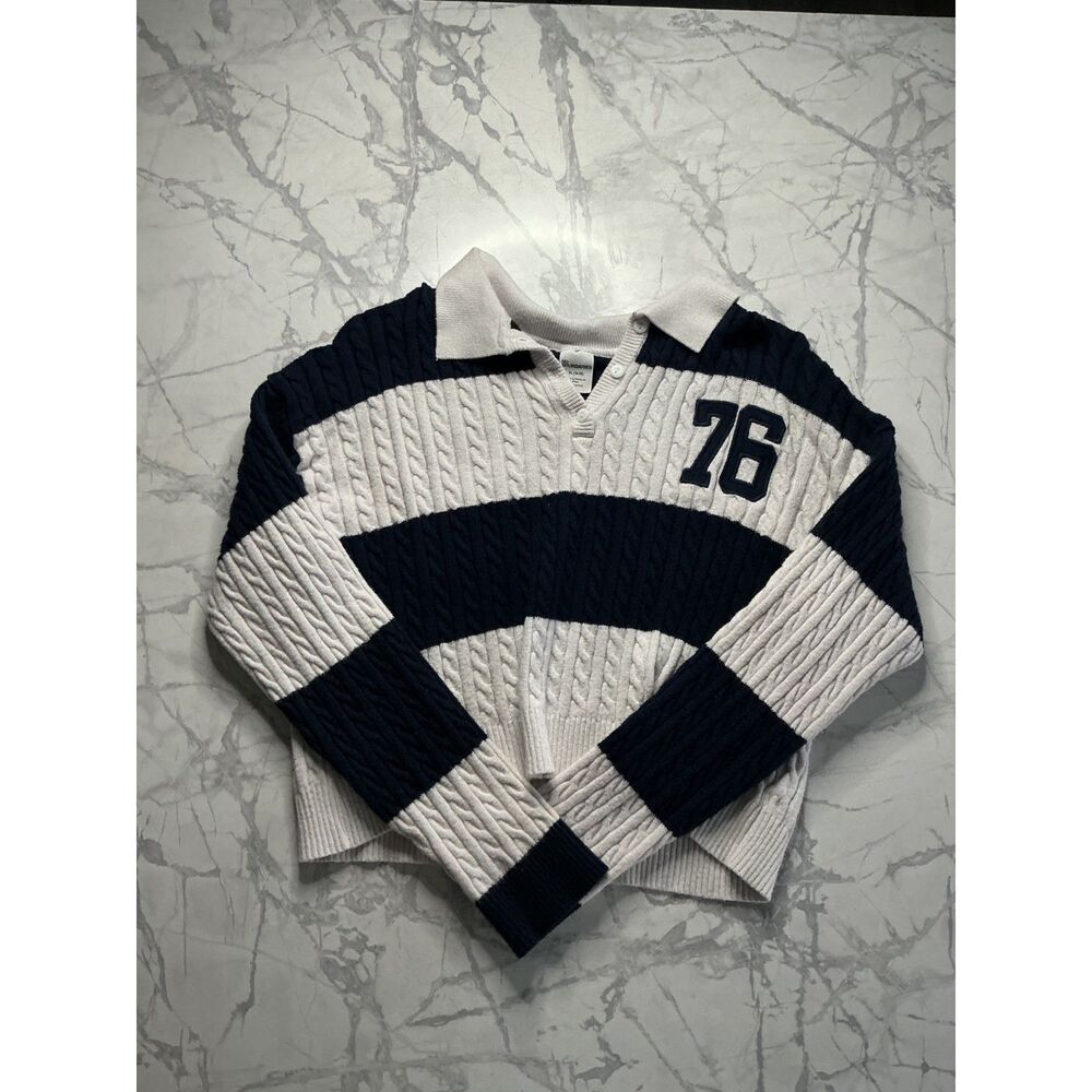 Varsity Cable Knit Collared Sweater Navy White Colorblock 76 Patch Preppy XL